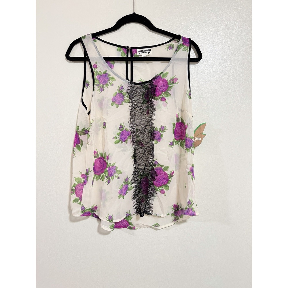 Nwt Floral Sleeveless Blouse Purple White Sheer Lace Size XL Garden Fairy Causal
